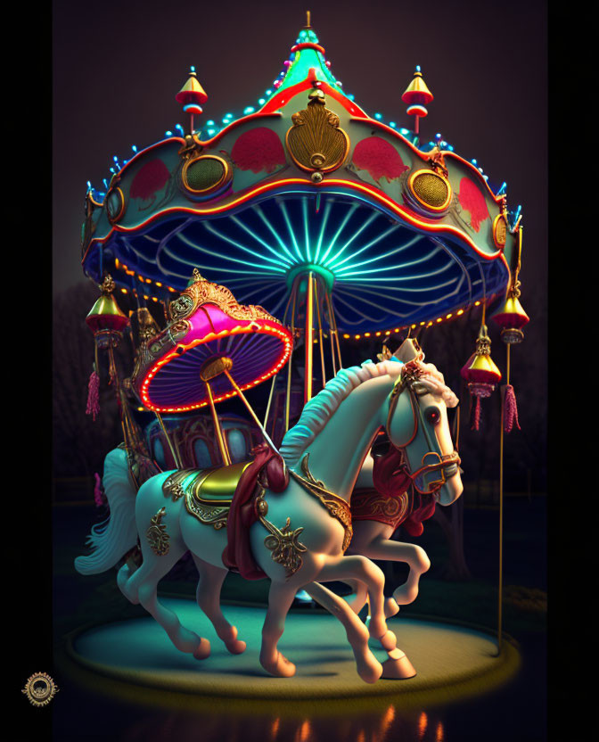 Vibrant illuminated carousel with ornate horses at night