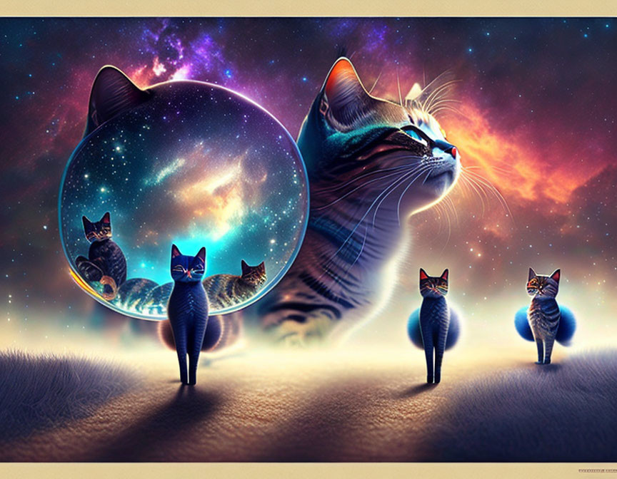 Colorful Digital Artwork: Cats Silhouetted with Celestial Bodies in Cosmic Sky