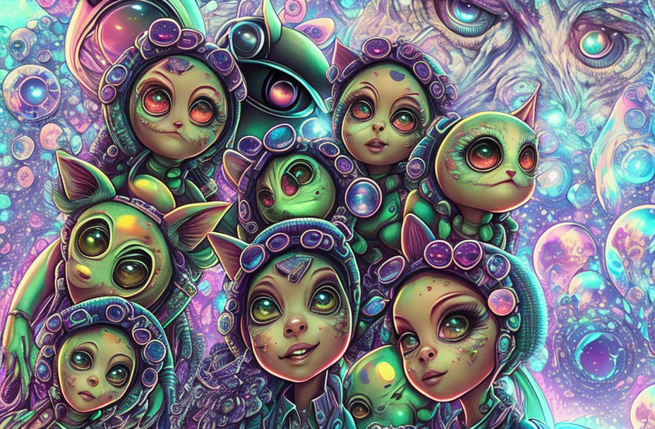 Colorful Psychedelic Illustration with Whimsical Characters and Bubbles