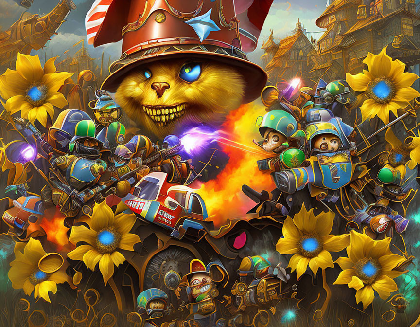 Anthropomorphic cats in firefighter uniforms amid sunflowers and Asian buildings