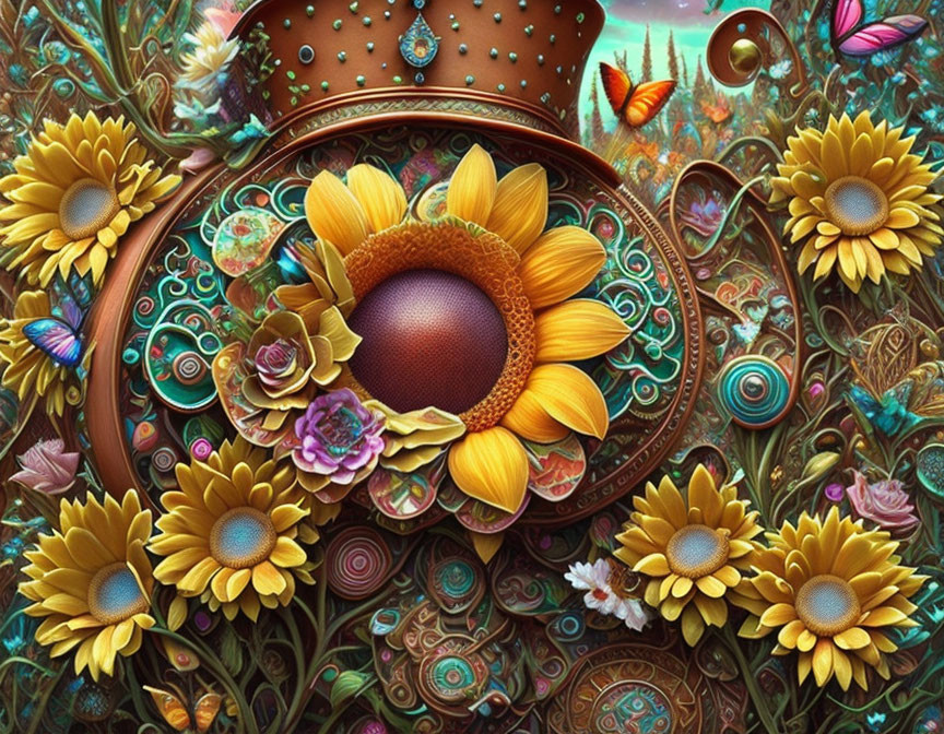 Colorful artwork with sunflowers, patterns, and butterflies on vibrant backdrop