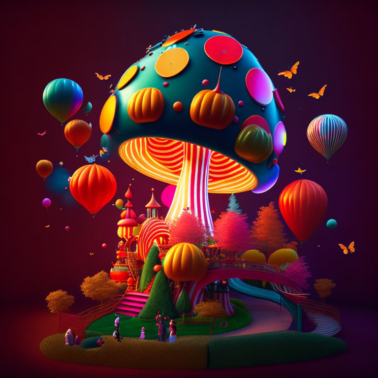 Colorful Giant Mushroom Surrounded by Hot Air Balloons, Castle, and Trees in Ench