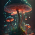 Giant Glowing Mushroom Sheltering Smaller Mushrooms in Ethereal Forest