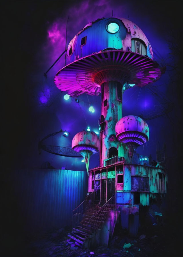 Abandoned futuristic mushroom-shaped structure under eerie purple and teal lights