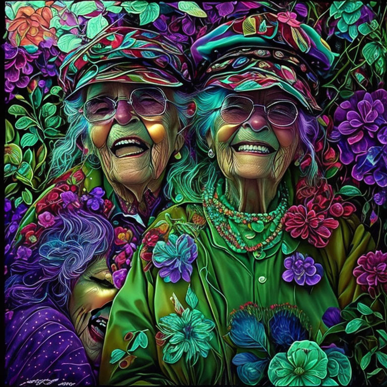 Elderly women in colorful floral attire with vibrant foliage