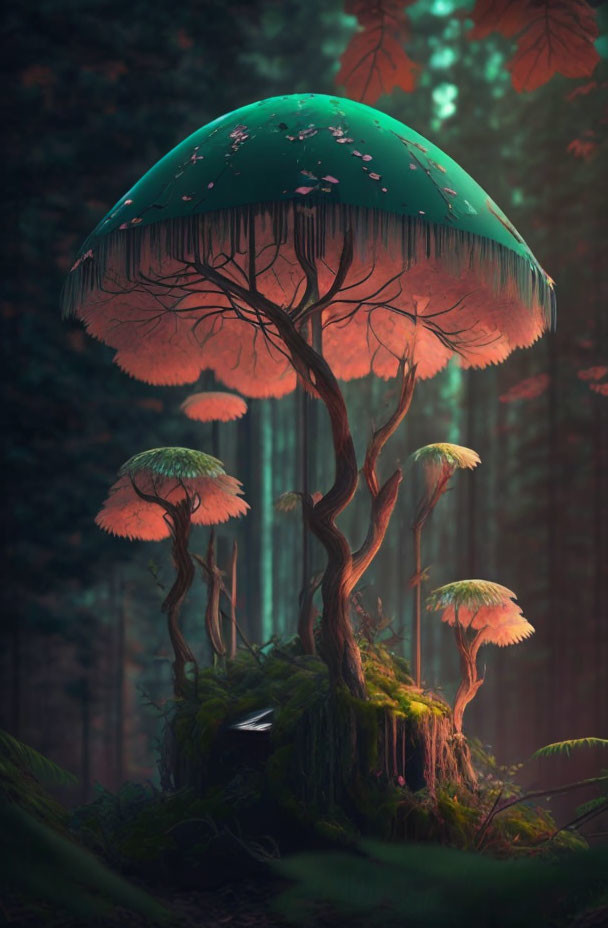 Giant Glowing Mushroom Sheltering Smaller Mushrooms in Ethereal Forest