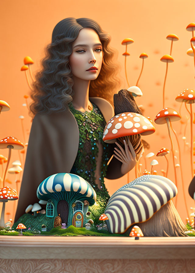 Digital illustration of woman with gray hair in mushroom dress in whimsical landscape