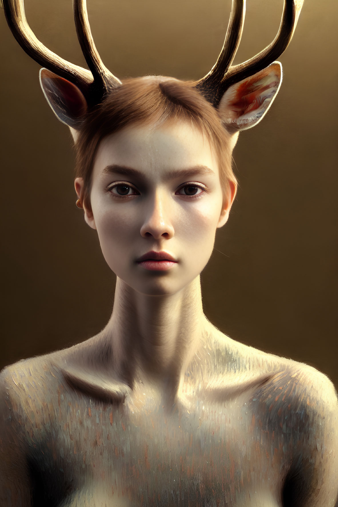 Digital artwork: Young female with deer antlers and fawn-like features on brown background