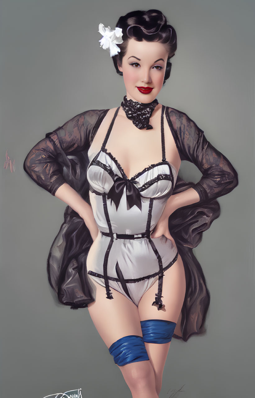 Vintage pin-up style illustration of a woman in lingerie with flower, choker, and thigh bands