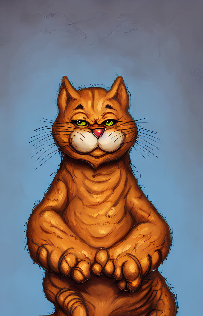 Illustrated ginger cat with smug expression on blue background