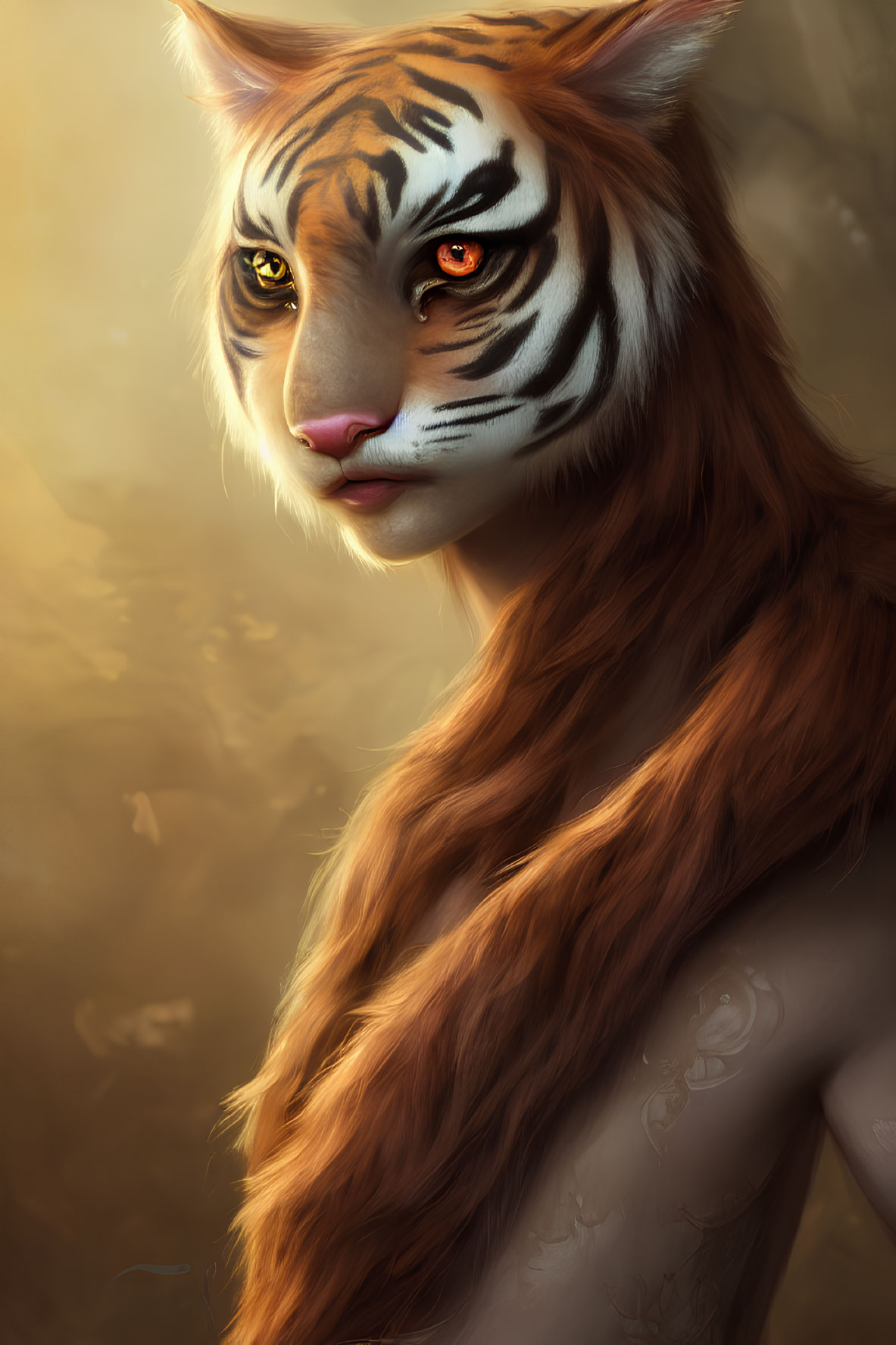 Digital art portrait of humanoid figure with tiger features against warm background