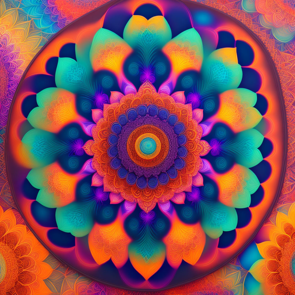 Intricate blue, orange, and purple mandala design