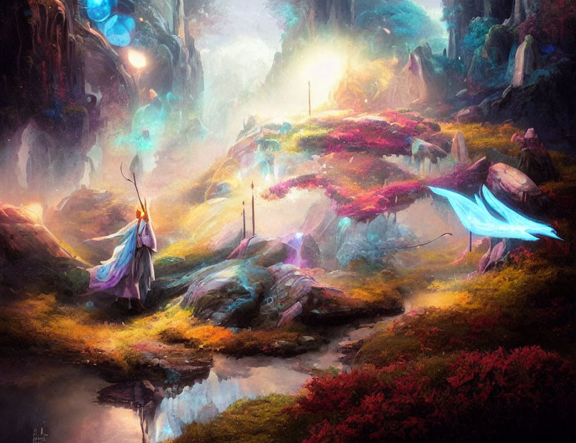 Fantasy landscape with magical creature, glowing river, ethereal trees, colorful flora, and mysterious figure