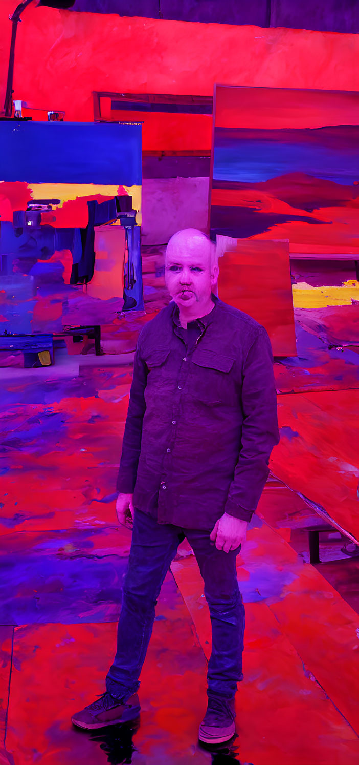 Vibrant red and blue lighting in room creates surreal atmosphere