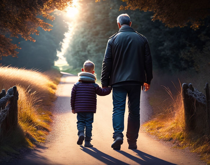 Adult and child walking together on a scenic path in warm sunlight