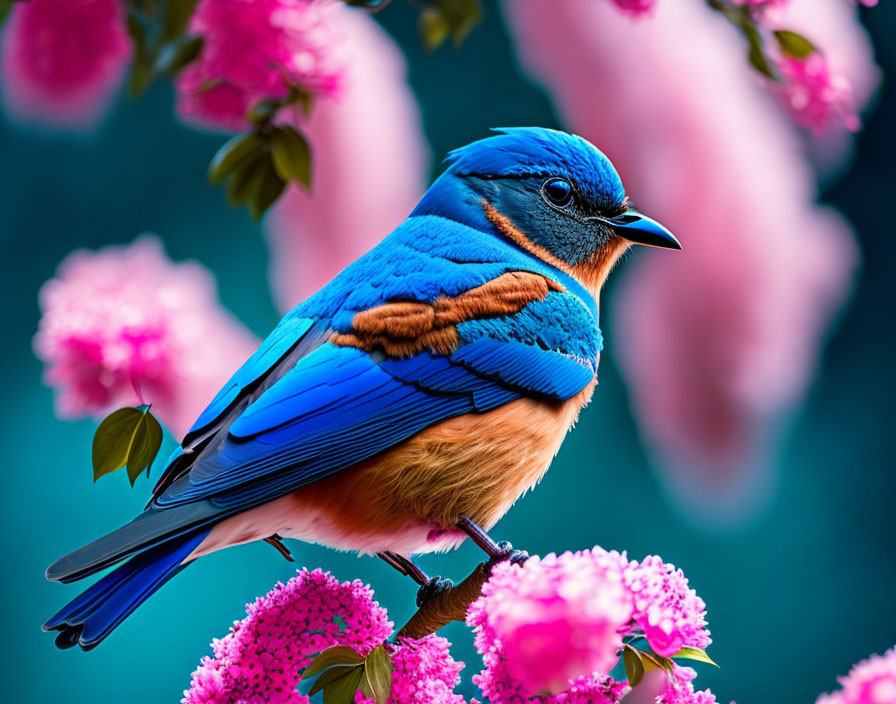 Colorful Bird Perched on Branch Amid Pink Blossoms on Teal Background