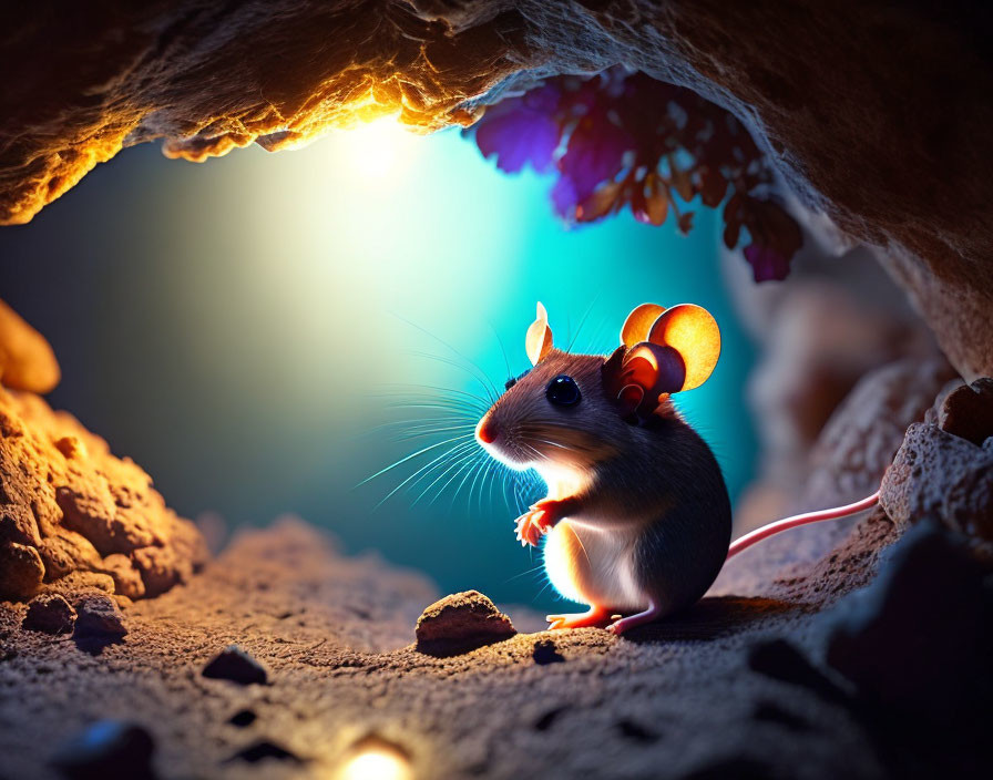 Whimsical mouse at cave entrance with purple flowers and blue sky