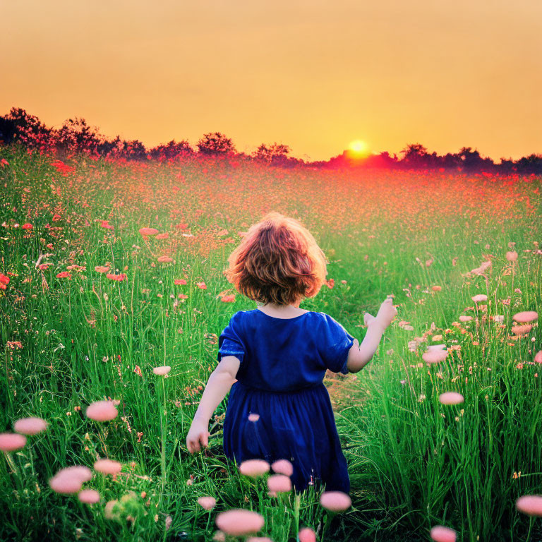 Child in Blue Dress Walking in Flower Field at Sunset