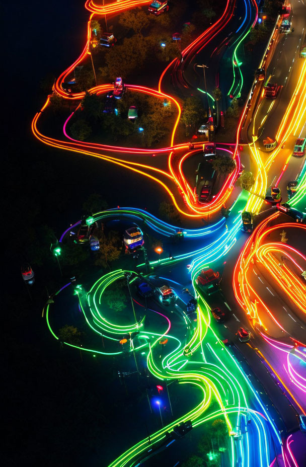 Night Aerial View: Winding Road with Multicolored Light Trails