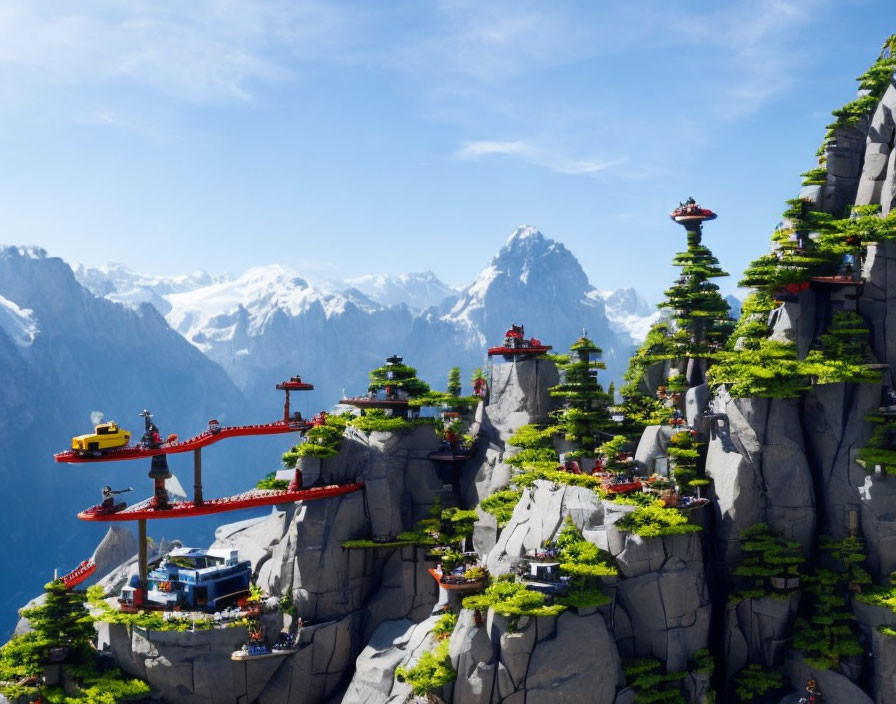 Colorful Lego set featuring Asian mountain landscape with bridges and snowy peaks