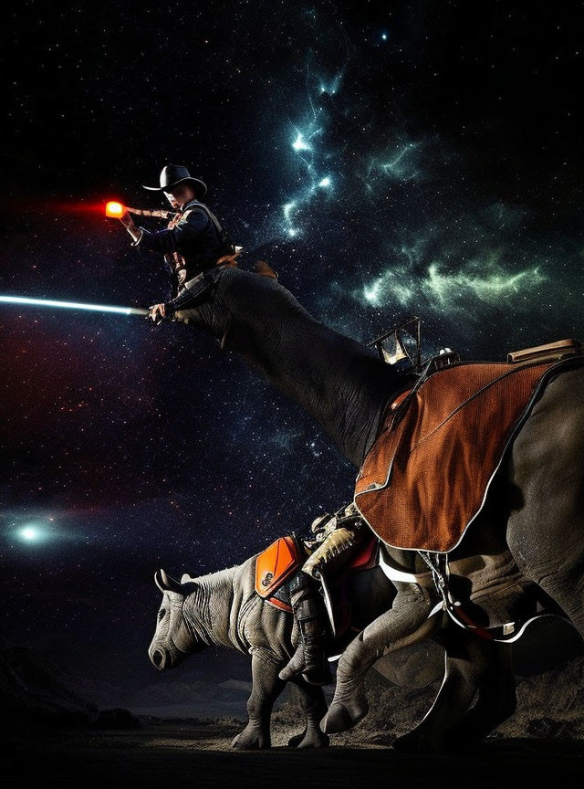 Cowboy riding rhinoceros with lightsaber and blaster under starry sky