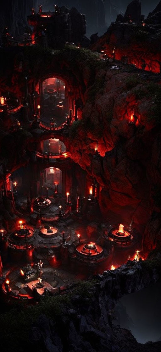 Underground cavern with torches, lanterns, bridges, and lone figure