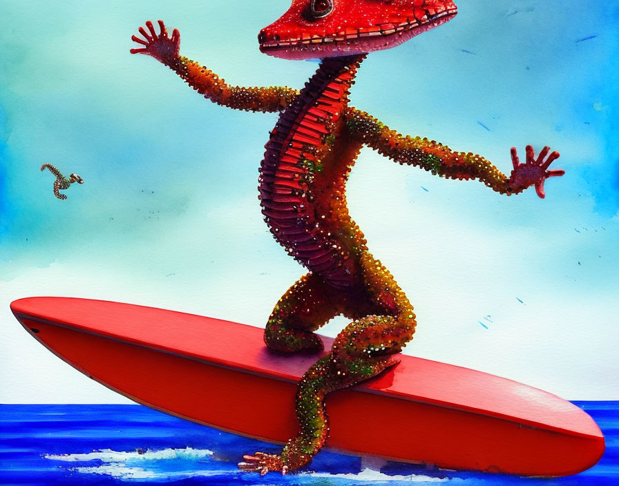 Vibrant lizard surfing on red board with seagull in blue sky