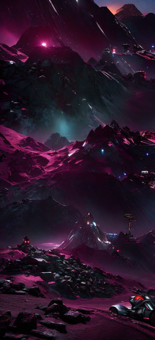 Futuristic neon-lit landscape with dark mountains and advanced structures