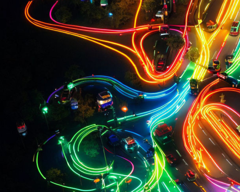 Night Aerial View: Winding Road with Multicolored Light Trails