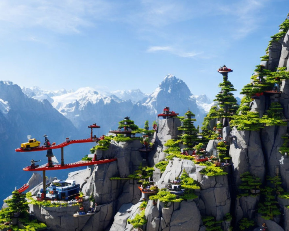 Colorful Lego set featuring Asian mountain landscape with bridges and snowy peaks