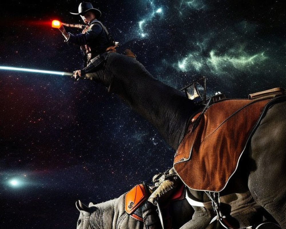 Cowboy riding rhinoceros with lightsaber and blaster under starry sky