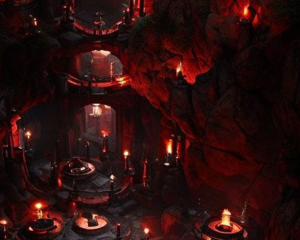 Underground cavern with torches, lanterns, bridges, and lone figure