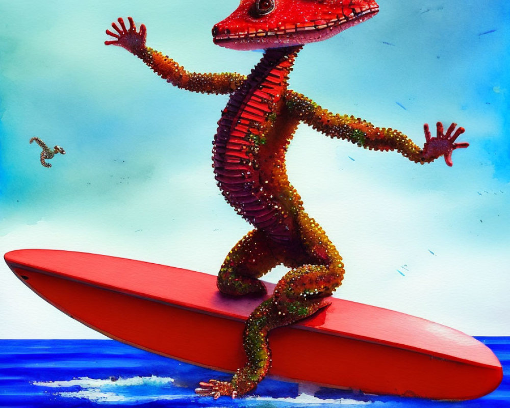 Vibrant lizard surfing on red board with seagull in blue sky