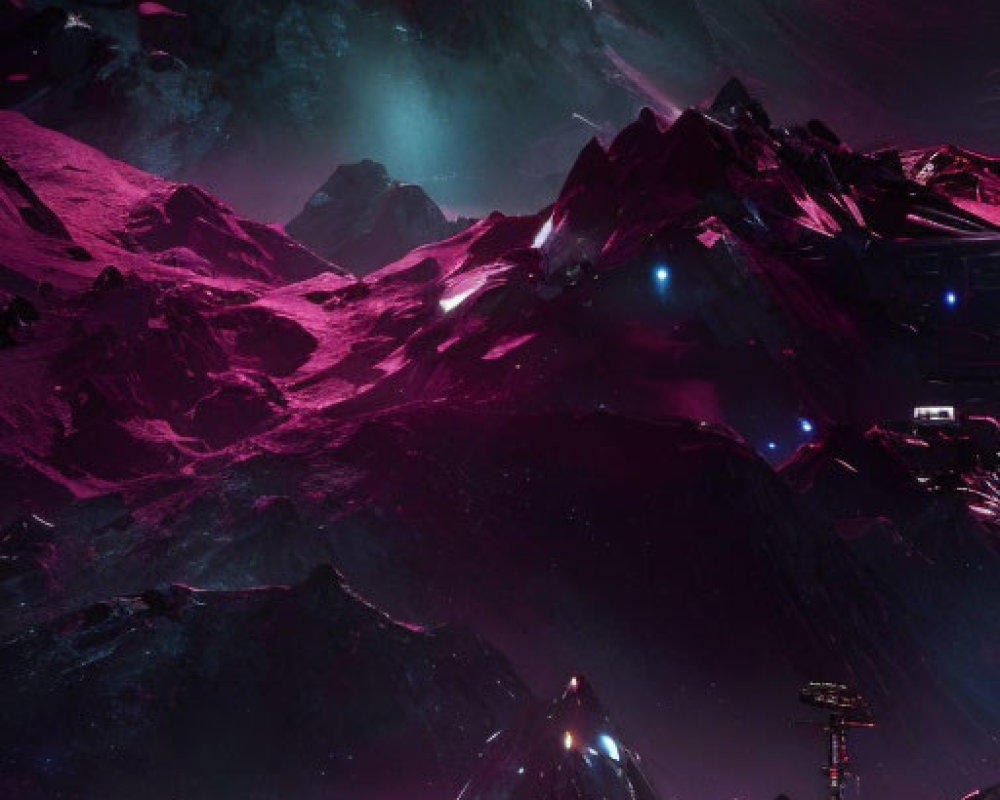 Futuristic neon-lit landscape with dark mountains and advanced structures