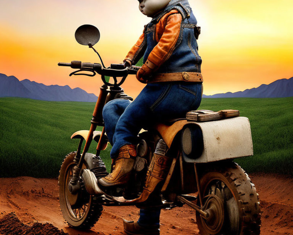 Child-like figure in denim jacket riding motorbike at sunset