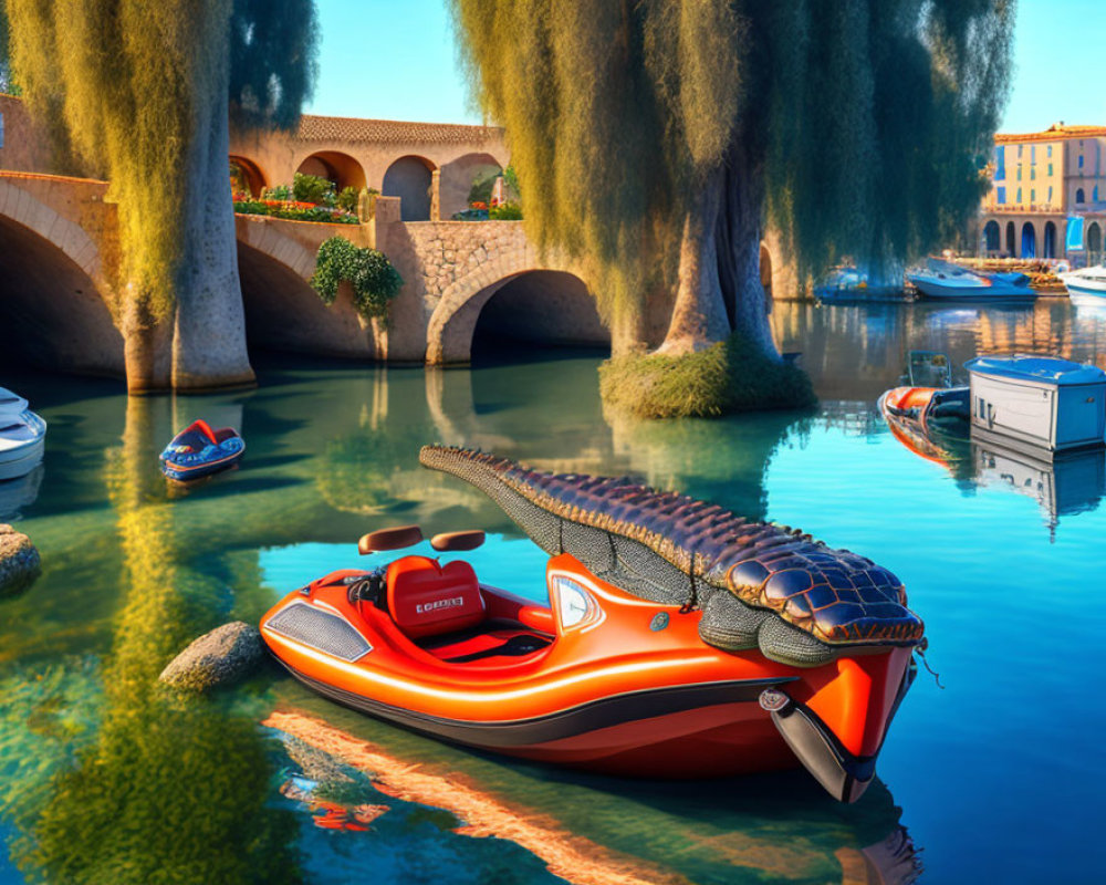 Giant turtle on red speedboat in whimsical river scene