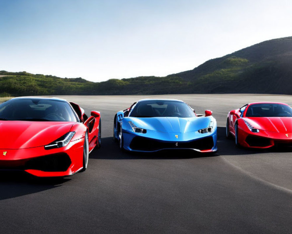 Three Ferraris in Red, Blue, and Red Colors Parked on Asphalt Road