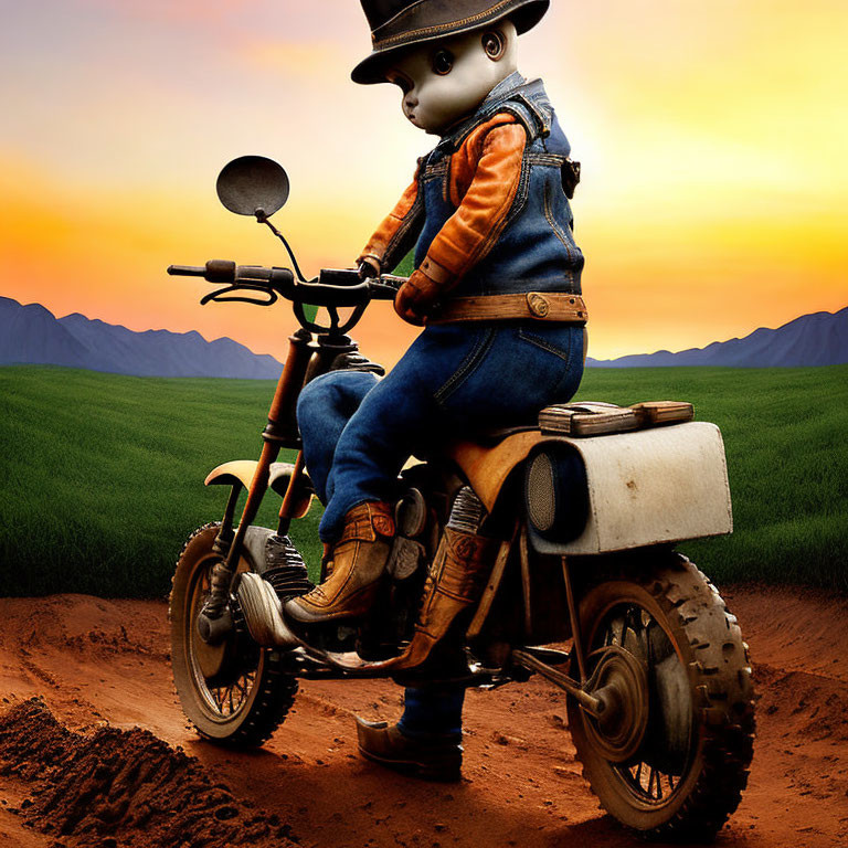 Child-like figure in denim jacket riding motorbike at sunset