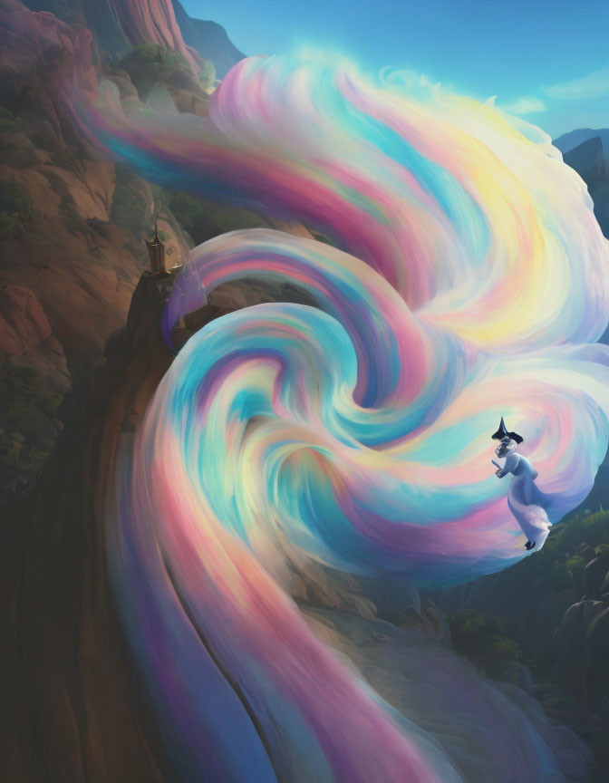 Person riding unicorn in vibrant pastel sky over mountains