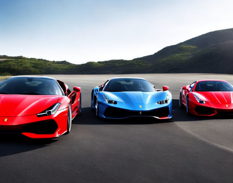 Three Ferraris in Red, Blue, and Red Colors Parked on Asphalt Road