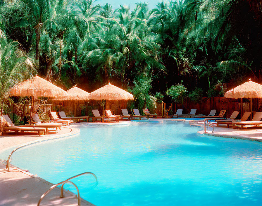 Tranquil Poolside Area with Thatched Umbrellas and Palm Trees