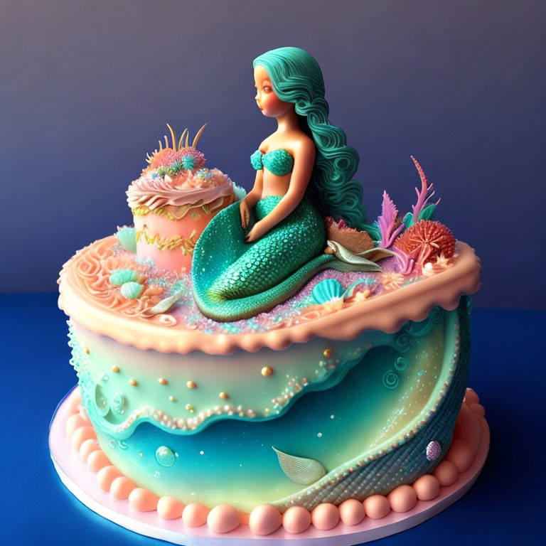 Mermaid-themed decorative cake with teal hair and sea embellishments