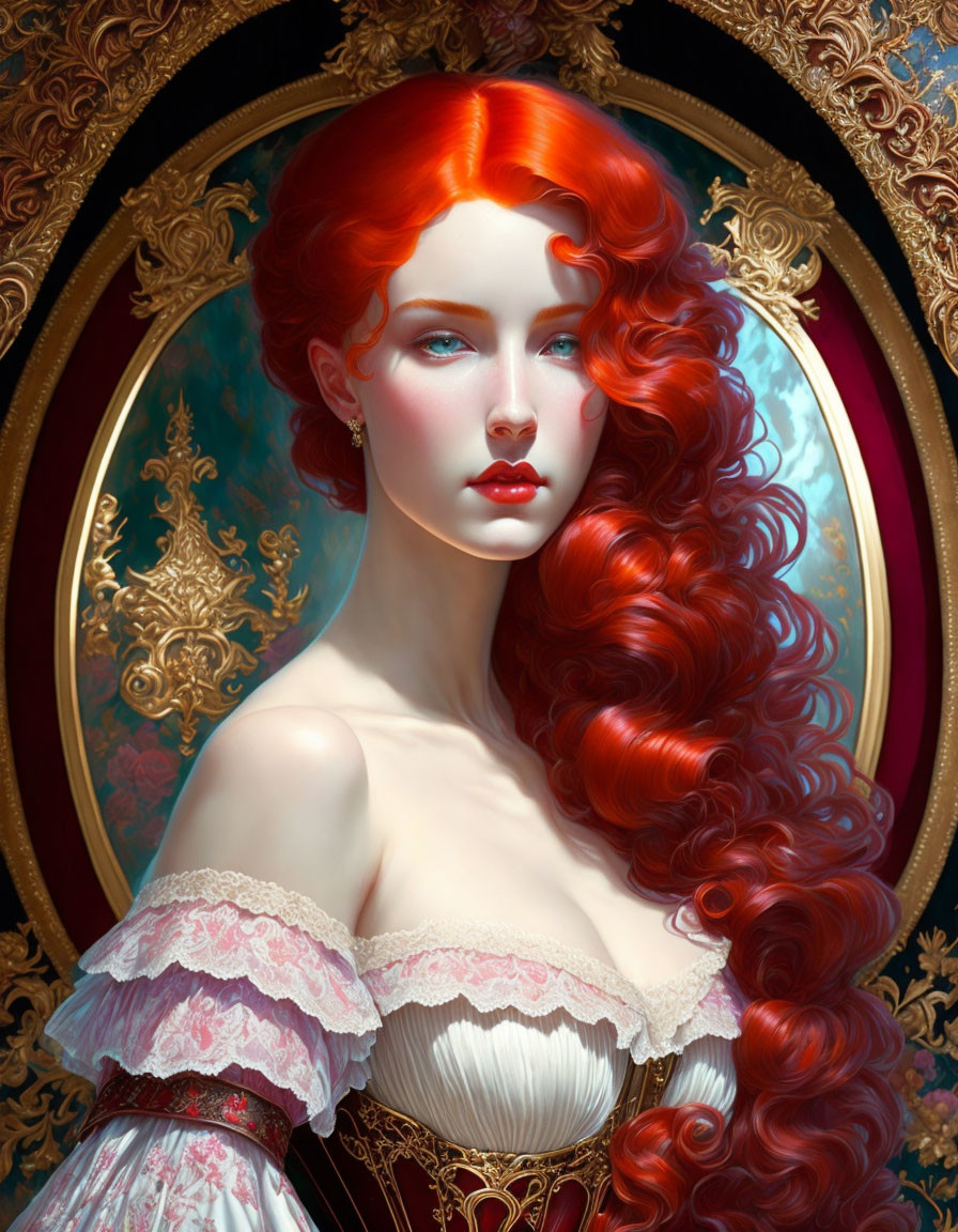 Digital portrait: Woman with red hair in golden mirror, blue background