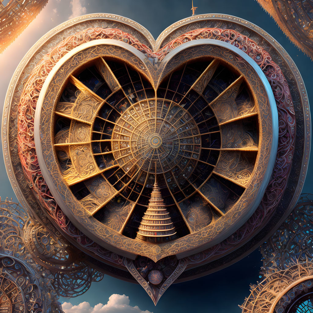 Intricate heart-shaped structure with spiral staircase against cloudy sky