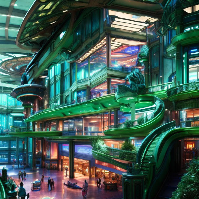 Neon-lit multi-level shopping mall with lush greenery