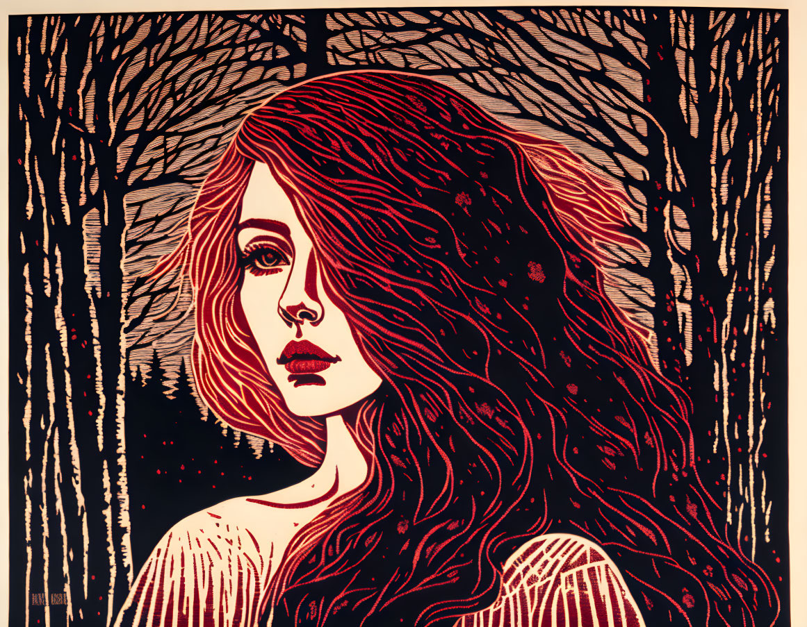 Stylized woman illustration in red and orange tones with forest backdrop