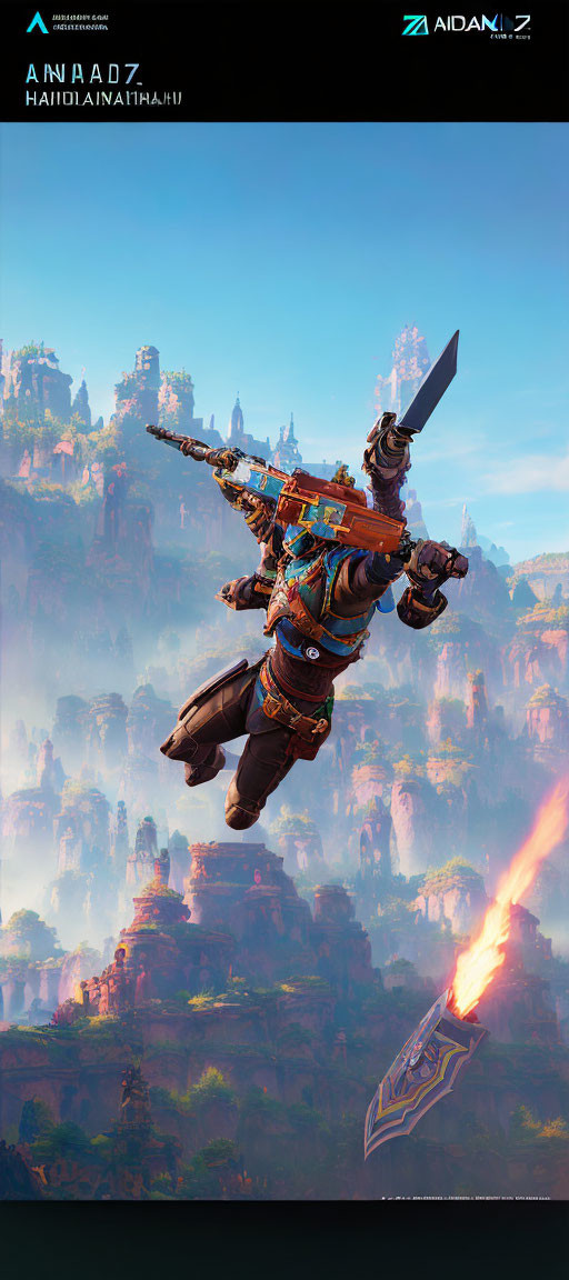 Futuristic warrior with jetpack and sword in mid-air on floating rocks