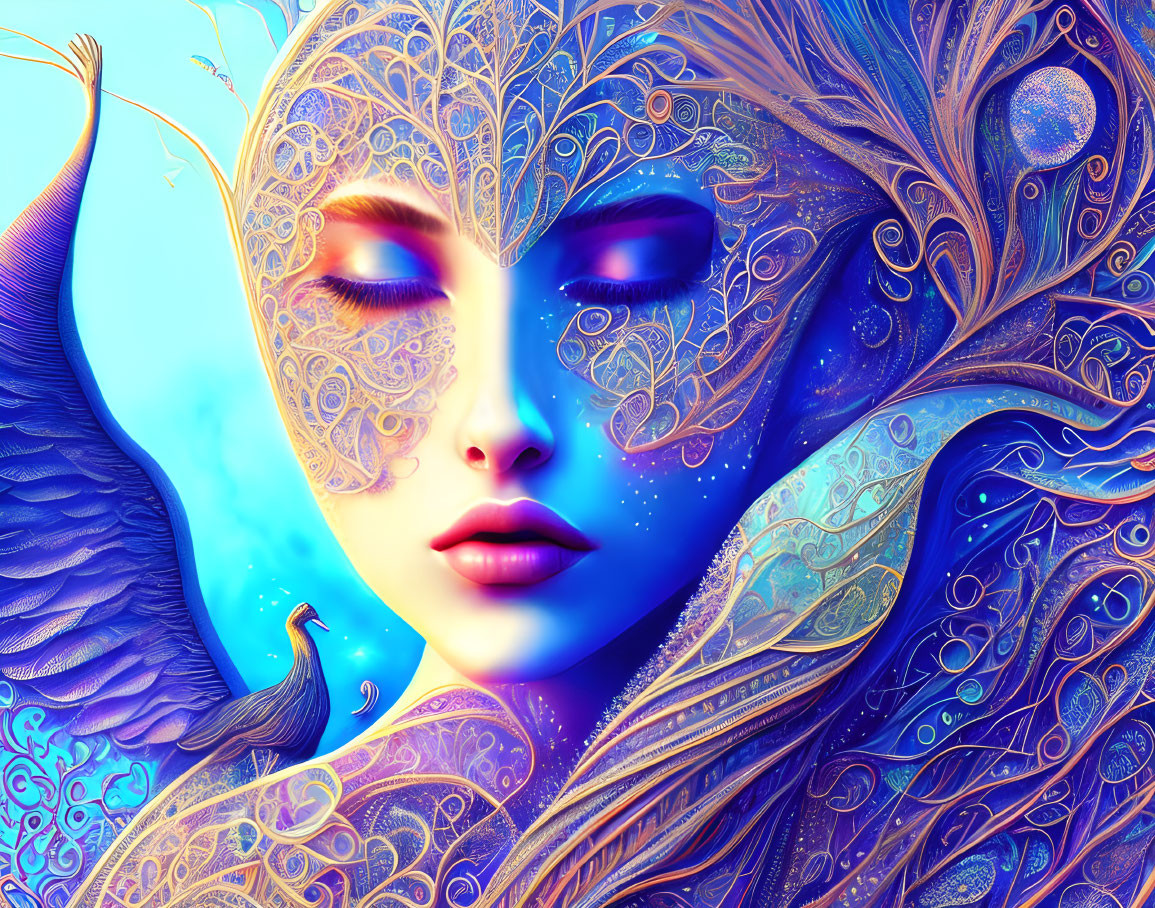 Vibrant digital artwork of woman with peacock features in blue and purple hues