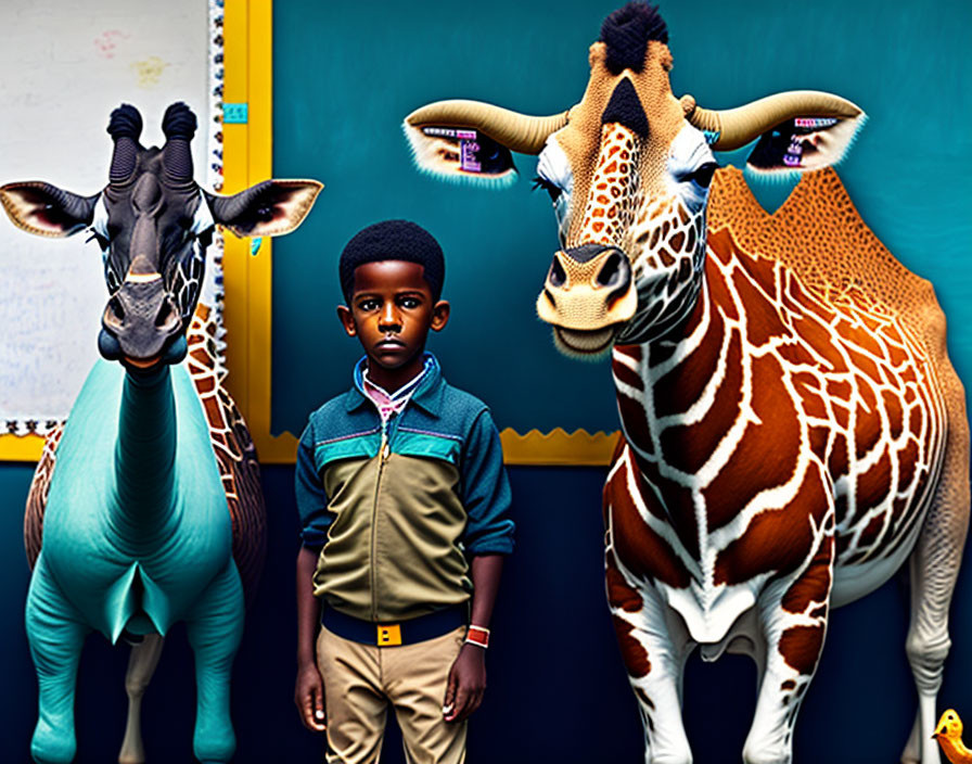 Young boy with colorful giraffe statues on turquoise background