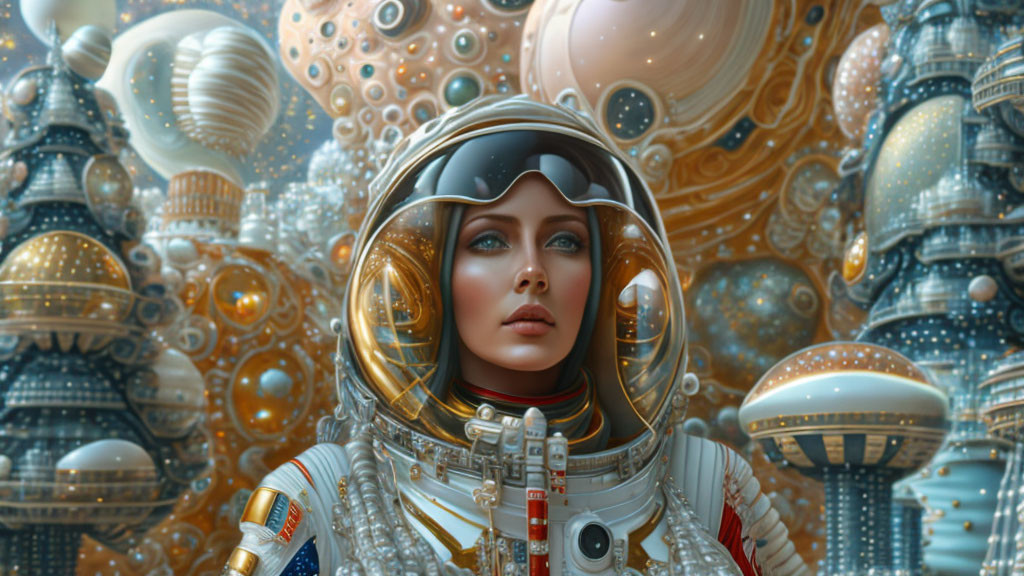 Female astronaut with reflective helmet visor in front of golden sci-fi structures.